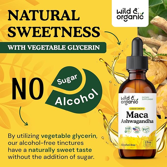 Wild &amp Organic Maca Ashwagandha Drops for Men and Women - Peruvian Maca Root and Ashwagandha Tincture for Overall Support - Vegan Sugar &amp Alcohol-Free Extract Supplement - 2 fl oz