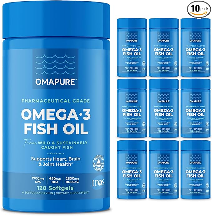 OMAPURE Wild Caught Omega-3 Supplements with High EPA &amp DHA (10 Bottles 120 Softgels) - Burpless Formula Supports Heart &amp Joint Health Promotes Brain Function