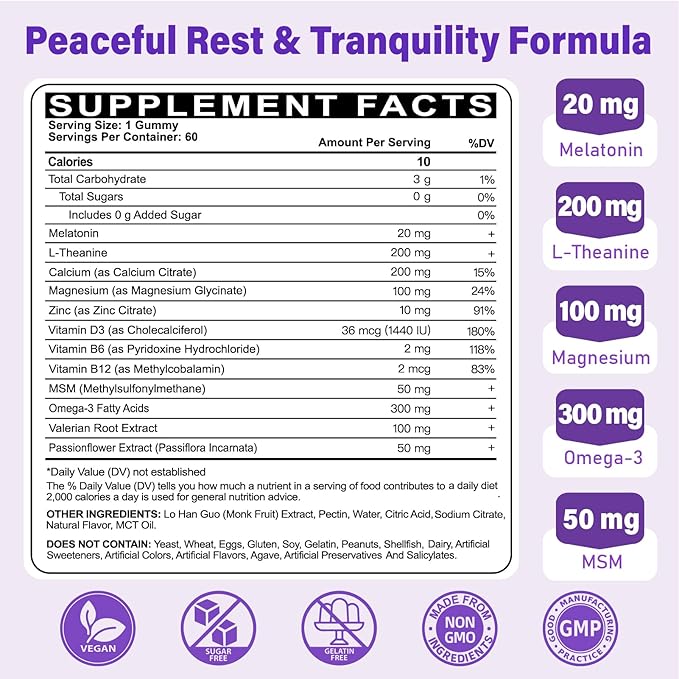 Melatonin Gummies 20mg for Adults - Maximum Strength Melatonin Gummies with L-Theanine Magnesium Omega-3 MSM D3 &amp Zinc - Non-Habit Forming Vegan Non GMO Natural Mixed Berry Flavor