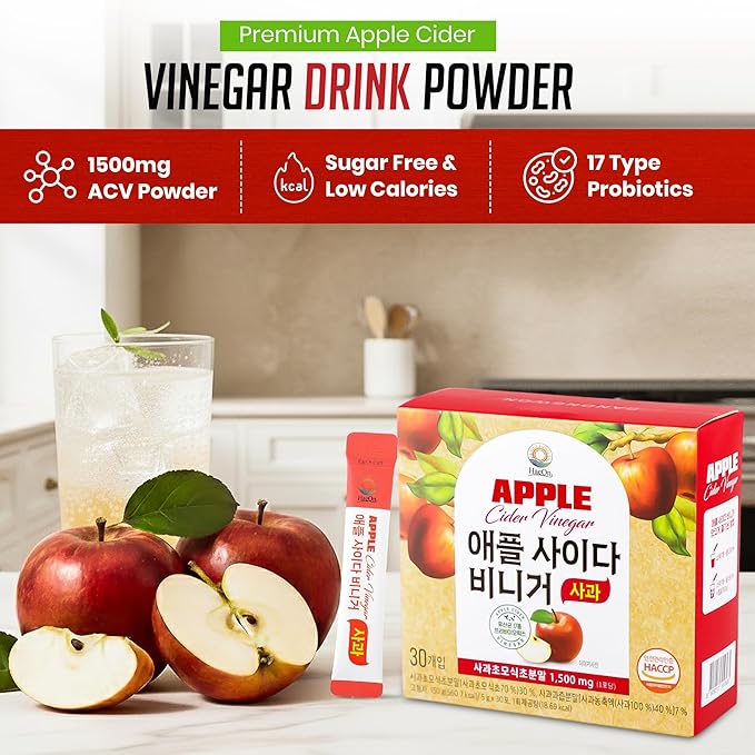 HaeOn Apple Cider Vinegar Drink Powder Stick – On-the-Go with 1500mg ACV 30 Sticks Sugar-Free Probiotics | Supports Digestion (Pack of 30 Apple)