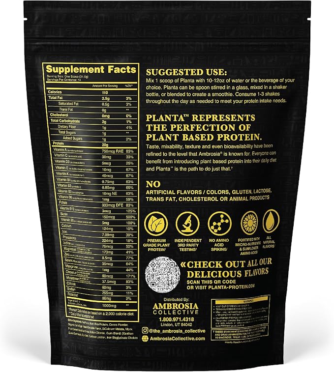 Ambrosia Planta - Premium Plant-Based Protein | Vegan &amp Keto Friendly | Gourmet Flavors with No Bloating or Stomach Upset | No Added Sugar | 14 Servings | (Melted Chocolate)