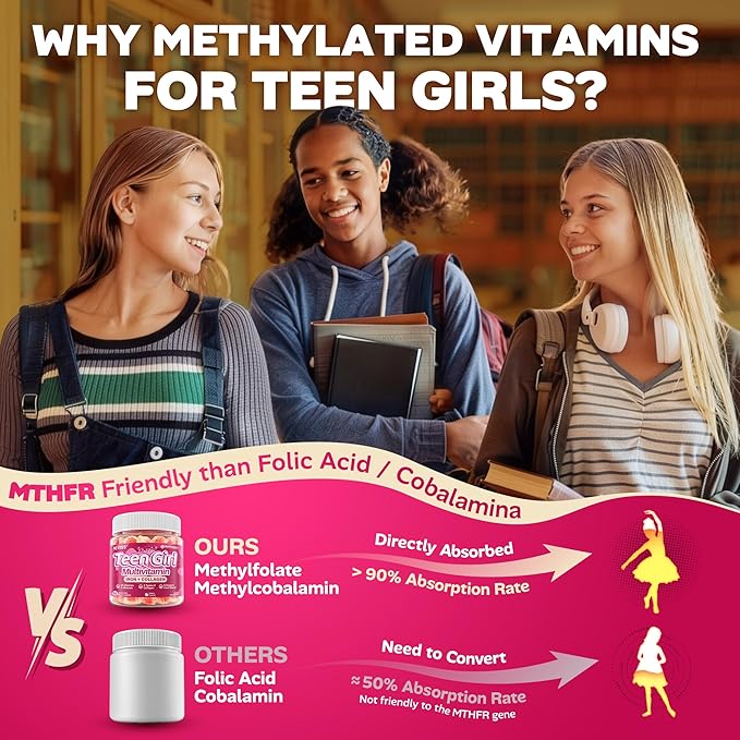 Methylated Multivitamin Gummies for Teen Girls 12-17 Methylfolate Iron Collagen D3 K2 Magnesium Zinc Daily Vitamins A C E B Complex for Teenager Growth Skin Bone Energy - Sugar Free 60 Cts