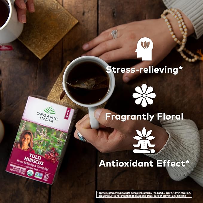 ORGANIC INDIA Tulsi Hibiscus Tea Bags - Holy Basil Herbal Tea Stress Relieving Calming Immune Support USDA Organic Caffeine Free -18 Bags 3 Pack