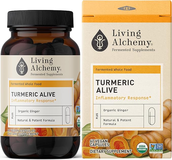 Living Alchemy Turmeric &amp Ginger Supplement - Fermented Turmeric Capsules for Gut Mobility &amp Joint Support - Natural Herbal Supplements - Vegan Non-GMO Filler-Free &amp Dairy-Free 60 Pcs