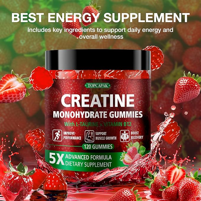 Creatine Gummies for Men &amp Women - Chewable Creatine Monohydrate Gummies with Taurine &amp Vitamin B12 5g Creatine per Serving Vegan Strawberry Flavor 120 Count
