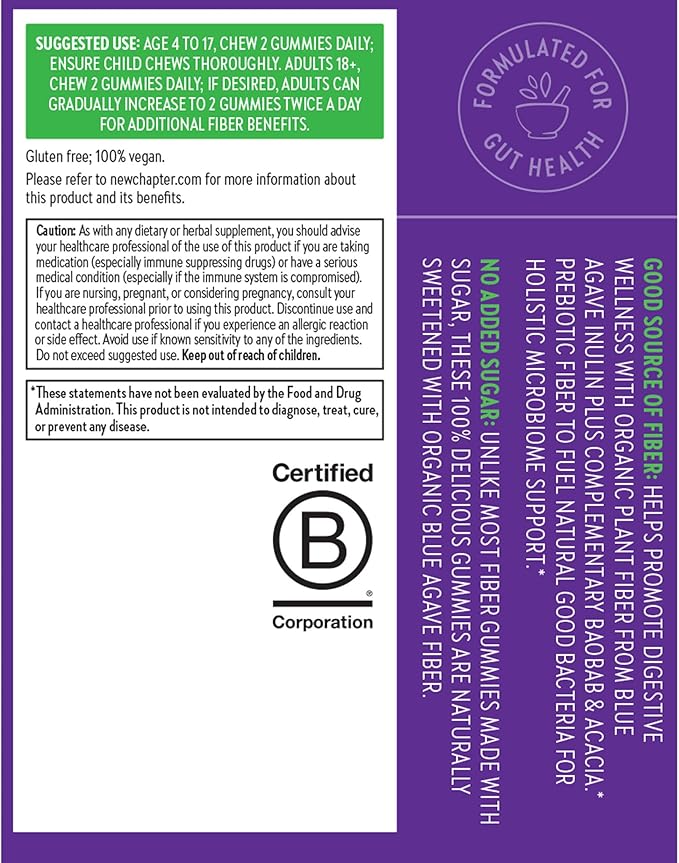 New Chapter Organic Fiber Gummies for Adults &amp Kids (Age 4+) Plant-Based Prebiotic Fiber for Digestive Health Vegan Non-GMO USDA Organic Gluten Free Citrus-Berry Flavored 60 ct (Pack of 2)