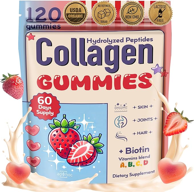 Collagen Peptides Gummies for Women – Biotin Zinc Vitamin D3 – 120 Count – Hydrolyzed Collagen Gummy Complex – Hair Skin &amp Nails Support – Sugar-Free Halal Lactose-Free Strawberry Cream Flav