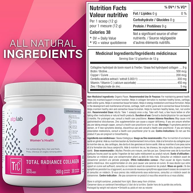 ATP LAB Total Radiance Collagen Powder Unflavoured 360g - Premium Hydrolyzed Collagen Peptides for Women - Vegan-Friendly Collagen Protein Powder Support for Skin Hair &amp Nails