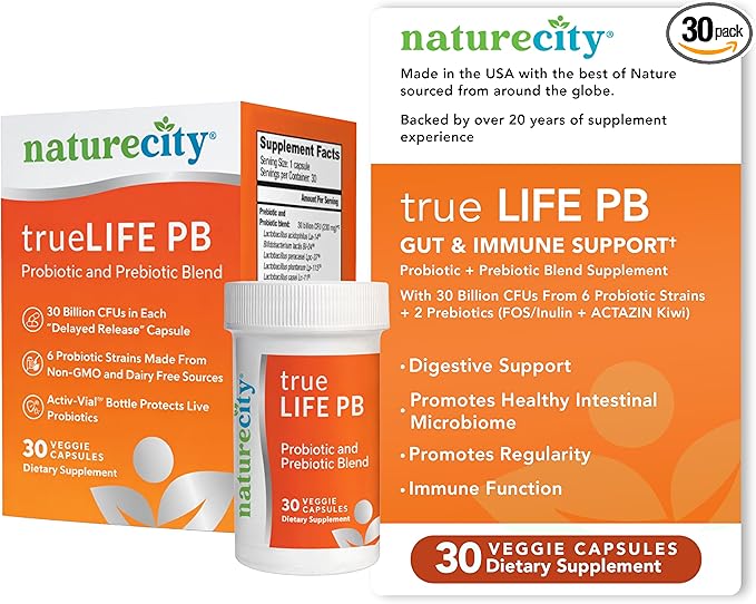 NatureCity True-Life-PB Shelf Stable Blend Prebiotics and Probiotics for Women and Men - Digestive Gut Health Supplements for Women and Men - Dairy Free - (30 Veggie Capsules)