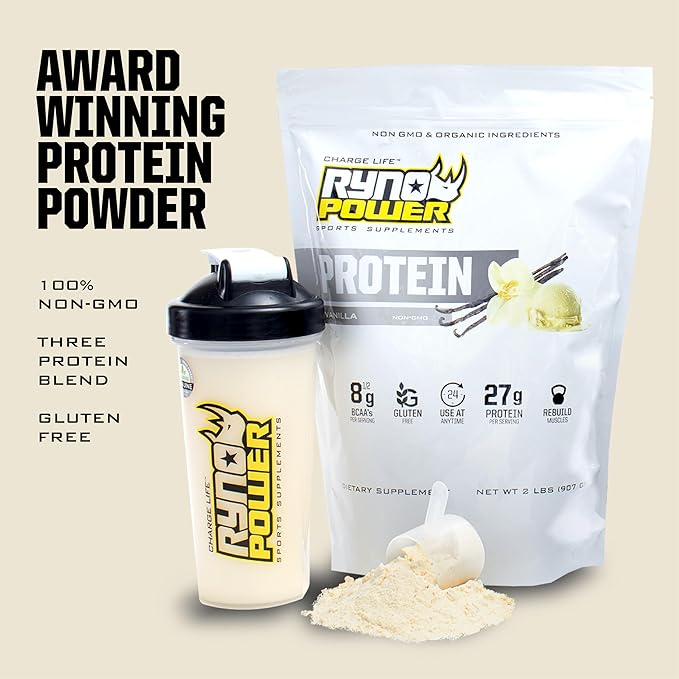 Ryno Power All Natural Whey Protein 2lb (20 Servings) 'Vanilla' - 100% Whey Protein Blend &amp No Fillers - Non GMO