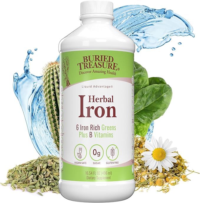 Buried Treasure Herbal Iron - 48 Servings Liquid Iron and Herbal Supplement Vitamin C &amp B Complex Vitamins Iron-rich Greens Vegan Iron for Men and Women