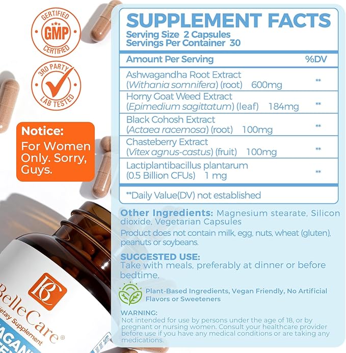BELLECARE Hormone Balance Capsules for Women Cortisol Supplements Female Menopause Supplement with Ashwagandha 600mg Per ServingChaste BerryBlack Cohosh for Stress Mood Sleep Support60 Count