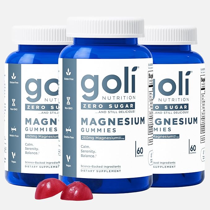 Goli Zero Sugar Magnesium Gummies - 260mg Magnesium Citrate with Vitamin D - No Artificial Sweeteners No Sugar Alcohols - Vegan Keto-Friendly Gluten-Free - 180 Count (Pack of 3)