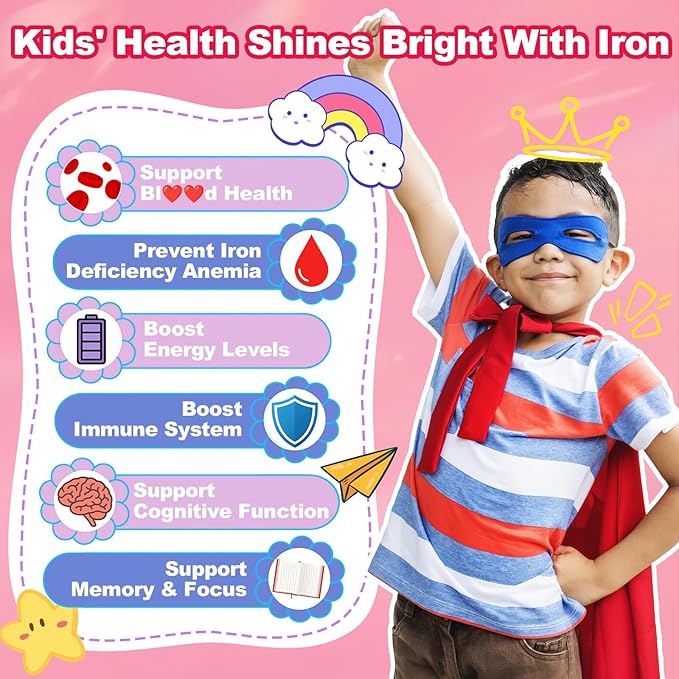 180 Count | Iron Gummies for Kids Kids Multivitamin with Calcium Zinc Folate Omega-3 &amp Lutein Support Energy Immnity Iron Deficiency Anemia &amp Brain Health Vegan Sugar-Free Strawberr