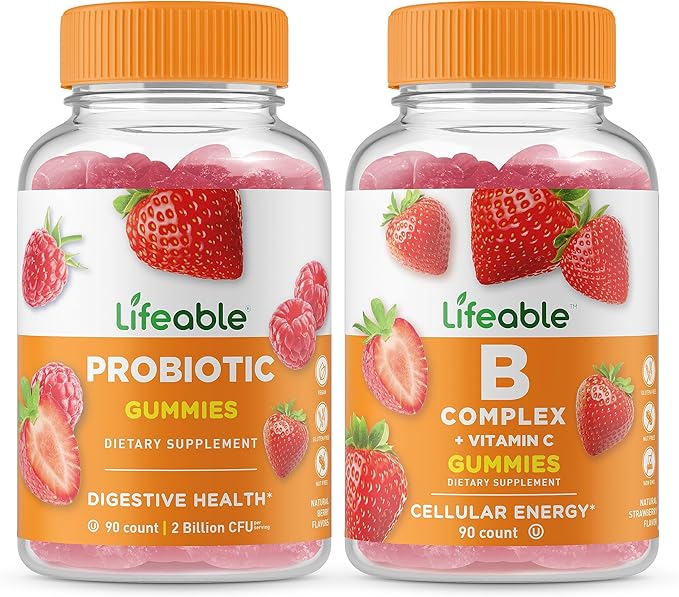 Lifeable Probiotic 2 Billion CFU + B Complex Gummies Bundle - Great Tasting Vitamin Supplement Gluten Free GMO Free Chewable Gummy