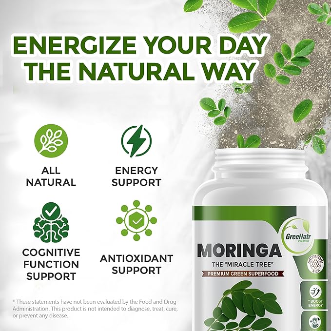 GreeNatr Pure Moringa Oleifera Leaf Extract Plus Ashwagandha with Black Pepper for Enhanced Absorption - Stress Relief Mood Enhancer with Energy and Cognitive Function Support