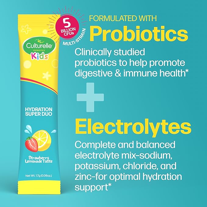 Culturelle® Kids Probiotics and Electrolytes Hydration Super Duo Strawberry Lemonade Sugar Free‡ Powder Packets for Immune and Digestive Support 30 Count