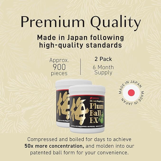 Umeken Plum Ball EX Concentrated Extract with Antioxidants Citric Acid and Mumefural Daily Supplement Japanese Green Plum Extract 6 Month Supply 6.4oz 180g Bottle Pack of 2