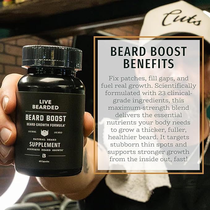 Live Bearded Beard Boost - Beard Growth Vitamins for Men with Biotin Collagen Silica Fo-Ti Root - Facial Hair Growth for Men Made in the USA | 60-Day Supply