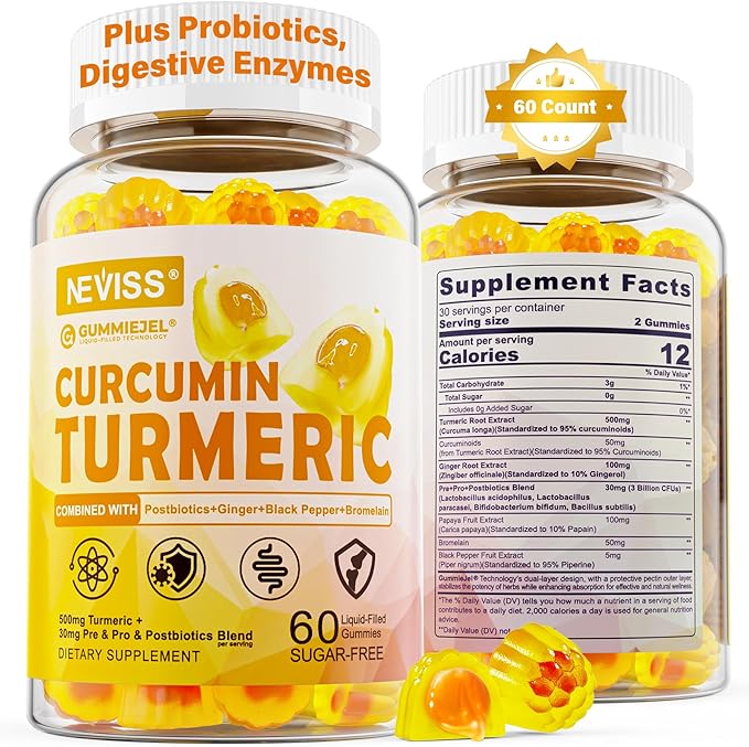 Sugar Free Turmeric Curcumin Filled Gummies 550mg for Adults Ginger &amp Black Pepper | 95% Curcuminoids w/Prebiotic Probiotic &amp Postbiotic Blend Support Immune &amp Digestive Health Vegan 6