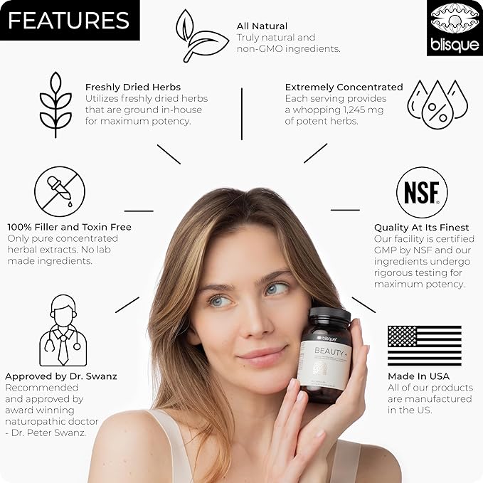 Blisque - Natural Beauty Supplement for Nail Strength Hair Growth and Skin Care | with Biotin &amp Hyaluronic Acid | Doctor Approved | Vegan and Non-GMO | 90 Capsules