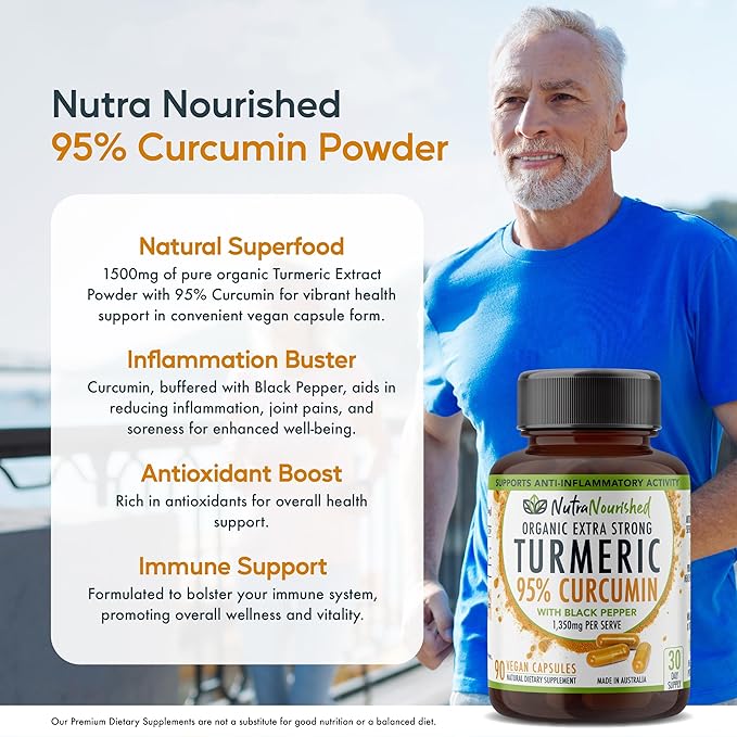 Nutra Nourished Organic Turmeric Curcumin with Black Pepper - 1350mg Standardized Tumeric 95% Curcumin| Highest Strength Curcumin Curcuma Capsules | Made in Australia (90 Capsules)
