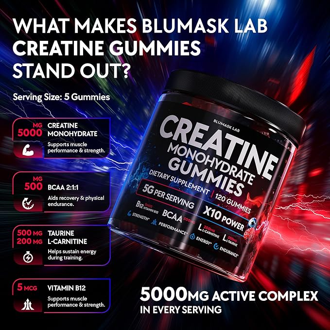 Creatine Monohydrate Gummies Complex 5000 MG for Men &amp Women Preworkout Gummy with BCAA L-Carnitine Taurine &amp Vitamin B12 for Muscle Growth Strength &amp Energy Support  Flavored and Che