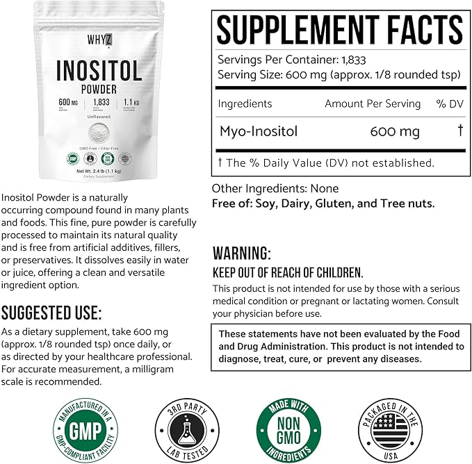 Pure Myo-Inositol Powder Unflavored Inositol Supplement Powder 2.4 lb for Women and Men Smooth-Mixing for Daily Balance and Wellness Vegan Non-GMO Gluten-Free 1100g