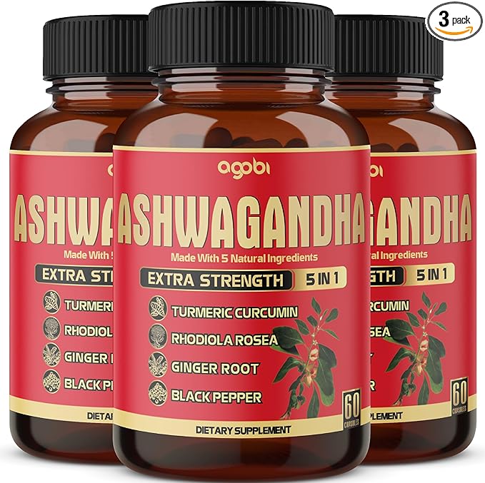 3 Packs 60 Capsules - Ashwagandha Supplement 5200mg - 5in1 with Ginger Turmeric Rhodiola Rosea &amp Black Pepper - Stamina &amp Body Health Support - 6-Month Supply