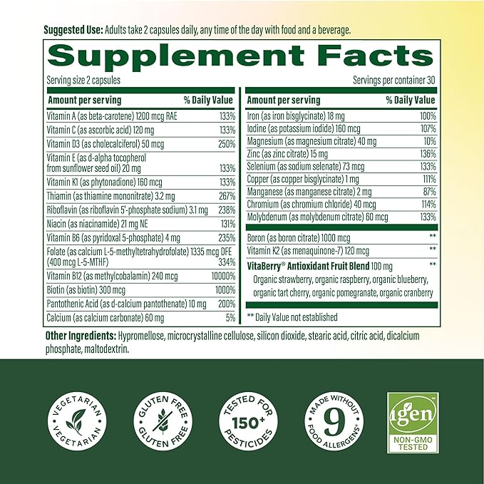 MegaFood Whole Body Womens Multivitamin - Multivitamin for Women - Vitamin D3 K2 Magnesium Citrate Folate Biotin Iron - Brain Heart Skin &amp Hair &amp Immune Support - 60 Capsules 30 Serving