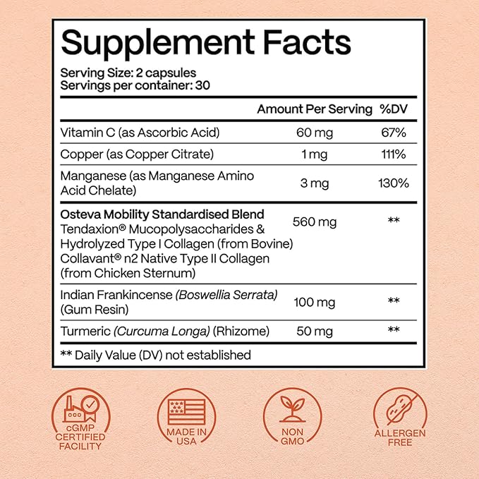 Osteva Joint Support Supplement for Women | High Potency Collagen Turmeric Boswellia | for Flexible Cartilage &amp Tendons Resilient Knees &amp Hip Improved Mobility | Non-GMO 60 Ct