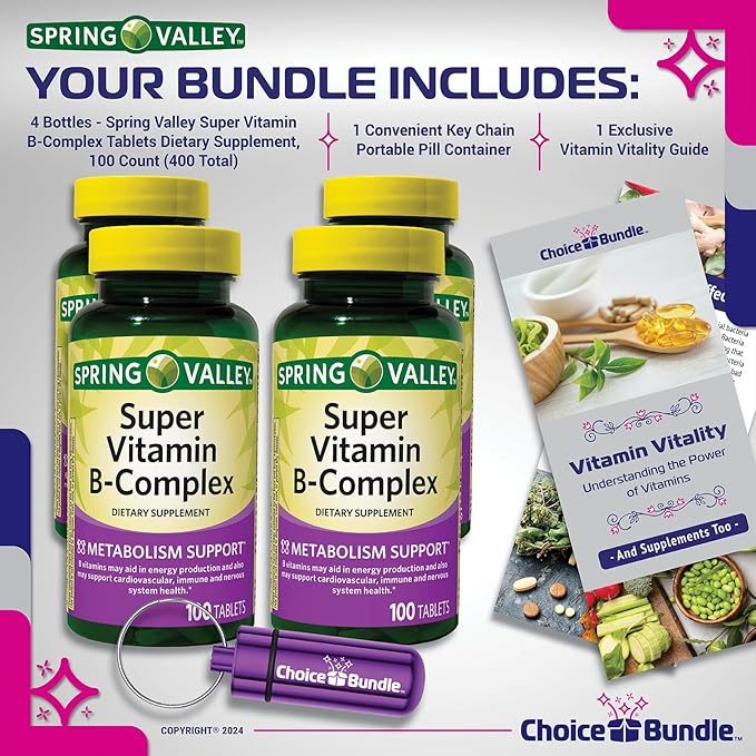 Spring Valley Super Vitamin B-Complex Tablets Metabolism Support 100 Ct 4 pk (400 Total) + Vitamin Vitality &amp Pill Container (6 Items)!