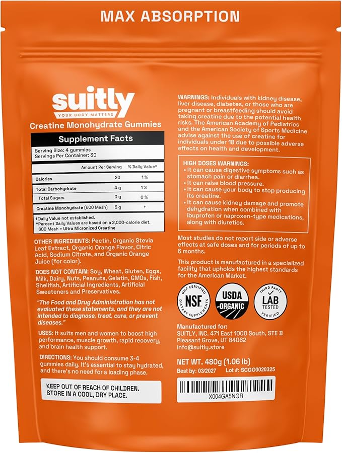 USDA Organic Ultra-Micronized Creatine Gummies for Men &amp Women Orange Max Absorption 5g Creatine Gummies Sugar Free for Muscle Gain Energy &amp Recovery Muscle Builder for Women with Pouch - 1