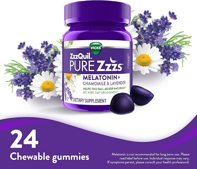 ZzzQuil Pure Zzzs Melatonin Sleep Aid Gummies with Lavender Valerian Root and Chamomile Natural Wildberry Vanilla Flavor Non-Habit Forming Drug-Free 24 Gummies (Pack of 4)