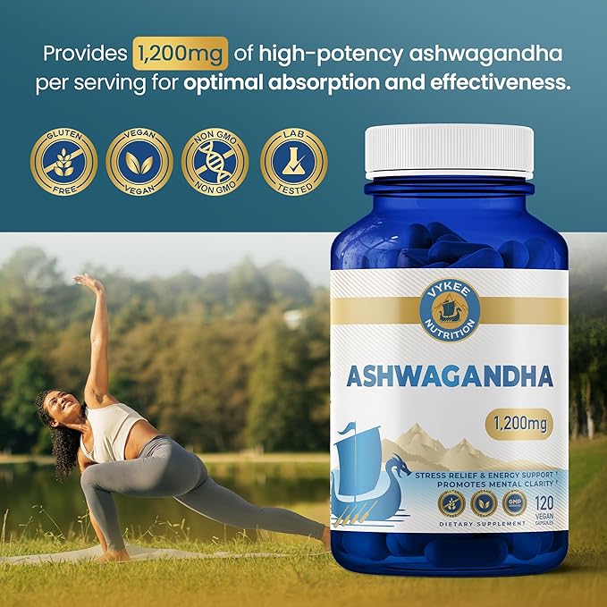 Vykee Nutrition Ashwagandha Capsules - 1200 High Potency Herbal Supplement with Piperine for Stress Focus and Sleep Support - Vegan Non-GMO Gluten-Free - 120 Count