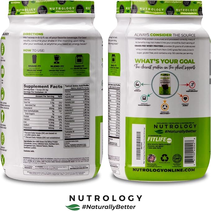 Nutrology Grass-Fed Whey Protein Powder Cold-Processed Grass Fed Whey &amp Amino Acid Powder for Enhanced Lean Muscle Recovery &amp Performance 28 Servings Shake Blend or Bake Creamy Chocolate