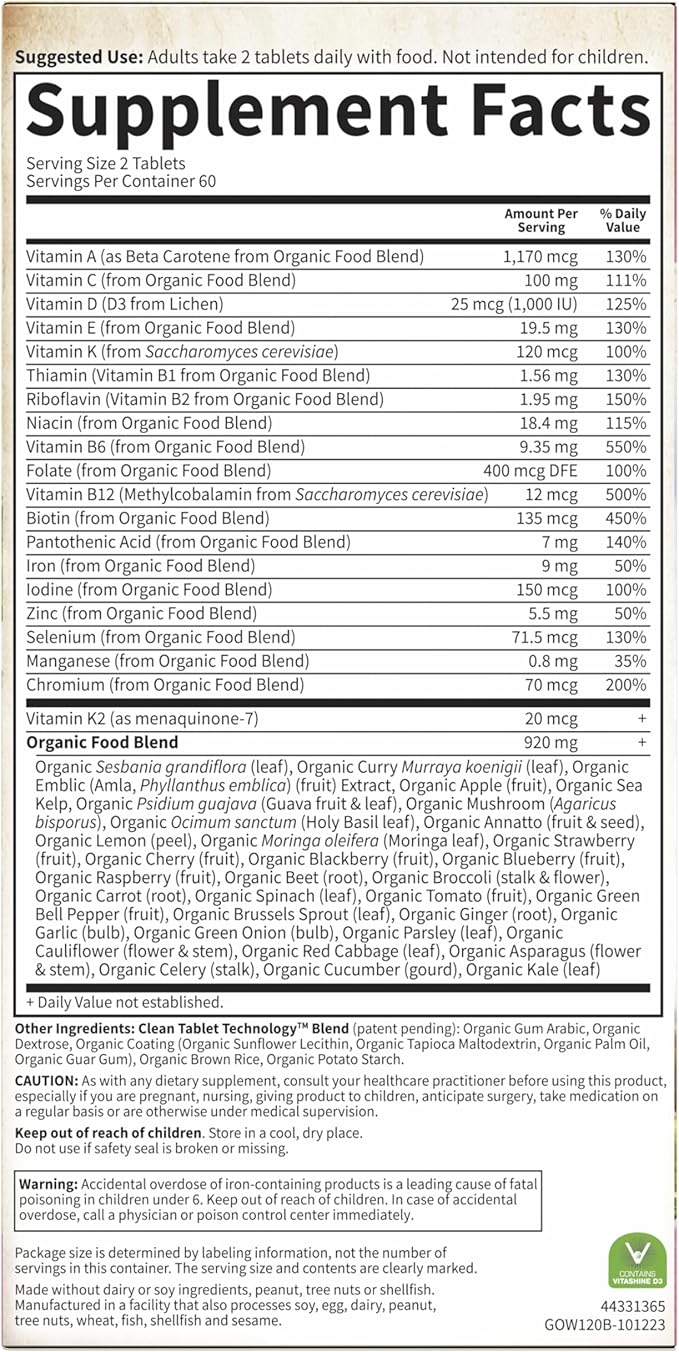 Garden of Life Organics Multivitamin for WomenWomens Multi with Vitamin CDFolateB6B12BiotinIronVegan Whole Food Vitamins for WomenEnergySkinNails120 Tablets(Pack of 2)