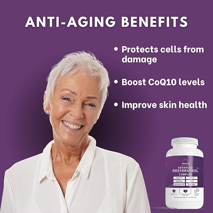 Advanced Resveratrol Complex – 1400mg Antioxidant Supplement with CoQ10 L-Glutathione Alpha Lipoic Acid Green Tea Olive Leaf and Black Pepper – 120 Vegan Capsules – Non-GMO Made in USA