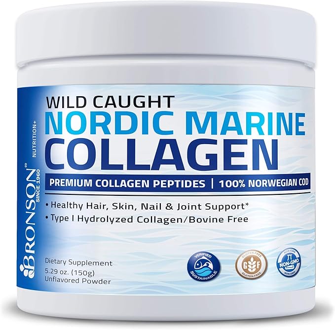 Bronson Marine Collagen Peptides Hydrolyzed Protein Powder + Ultra Biotin 10000 Mcg Hair Skin and Nails Supplement