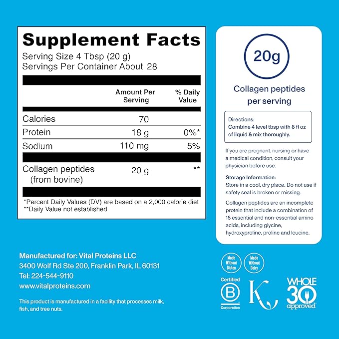 Vital Proteins Grass Fed Collagen Peptides Powder Supports Hair Skin Nails Bones and Joints Health Hydrolyzed Peptides - Zero Sugar Unflavored 20oz