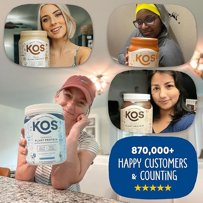 KOS Plant Based Protein Powder Blueberry Muffin - Organic Pea Protein Superfood with Spirulina and Immune Support Blend. Soy Gluten Dairy Free - Vegan Meal Replacement for Women &amp Men - 10 Serv