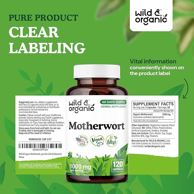Wild &amp Organic Motherwort Capsules 1000 mg - Calmness &amp Women's Support - Natural Motherwort Supplement - 60 Days of Supply - 120 Vegan Herb Capsules - Non-GMO Gluten-Free No Additives