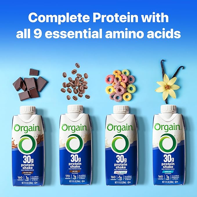 Orgain 30g High Protein ShakeCafé Latte5g BCAAs1g Sugar Per ServingCaffeine from 1 Cup of CoffeeMilk IsolateMeal ReplacementReady to DrinkKeto FriendlyGluten-Free 11 Fl Oz(Pack of 24)