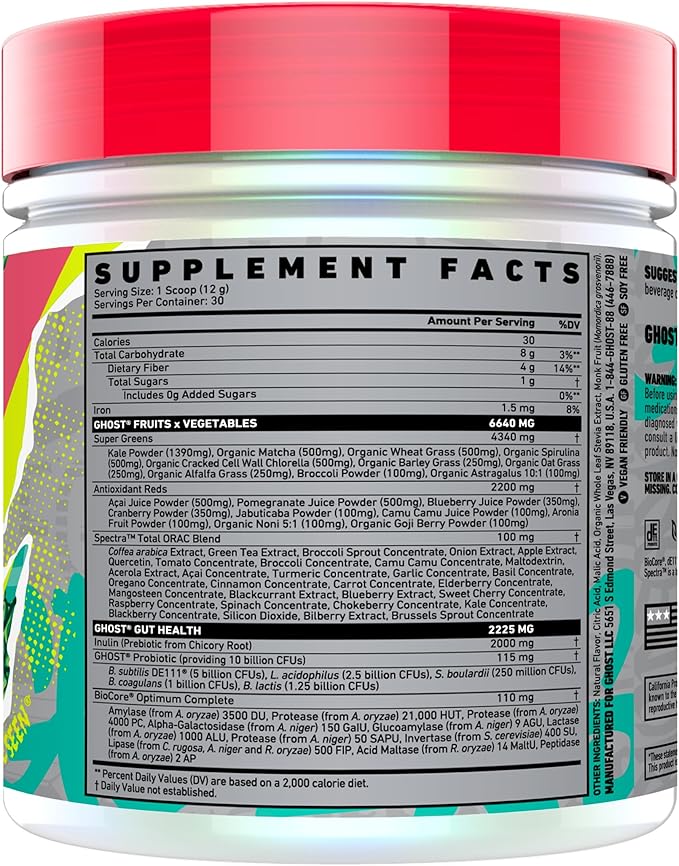 GHOST Greens Powder Pink Lemonade - 30 Servings - 19 Superfood Greens &amp Reds Powder Fruits Vegetables Spirulina &amp Chlorella Prebiotics 10 Billion CFU Probiotic &amp Digestive Enzymes -