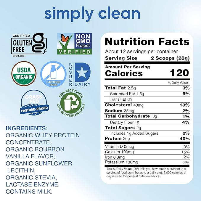 simply tera's Lactose Free Organic Whey Protein Powder - Lactose Free Vanilla 20g of Protein Per Serving Non-GMO Gluten-Free rBGH-Free Kosher - 12 Oz