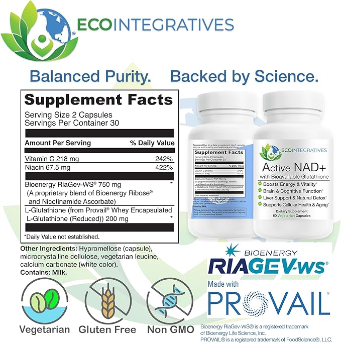 Active NAD+ with Bioavailable Glutathione – Energy Brain &amp Cellular Support Supplement – RiaGev® NAD+ Booster + Provail® Glutathione – 60 Vegetarian Capsules