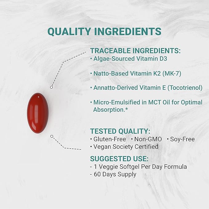 Naturalis Vegan Vitamin ADK with 50mg Tocotrienol and CoQ-10 | Nano-Emulsified in EVOO for Better Absoprtion | Non-GMO Soy Free and Vegan Society Certified | 60 Veggie Softgels (Carrageenan Free)