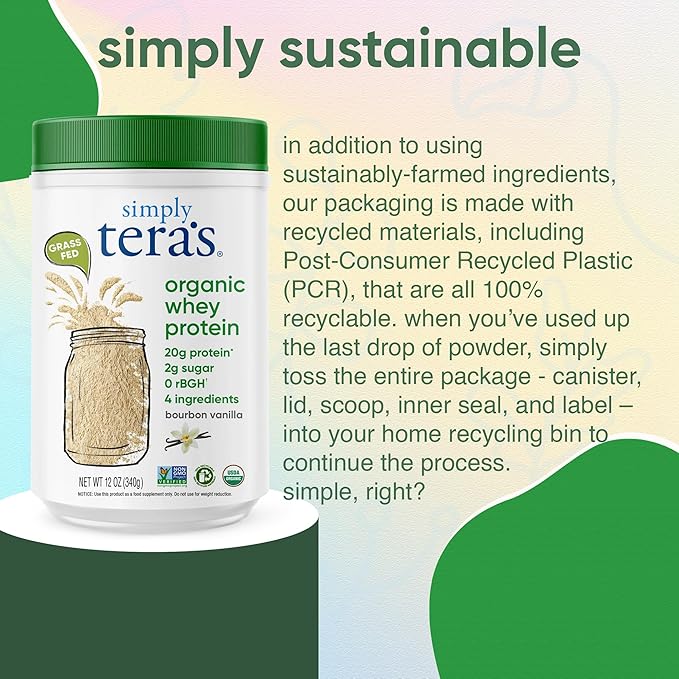 simply tera's Organic Whey Protein Powder - Grass Fed Vanilla Whey Protein Powder Clean Made Without Artificial Sweeteners Non-GMO Kosher rBGH-Free Organic - 12 Oz.
