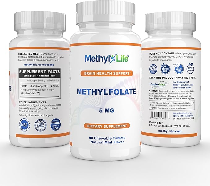 Methyl-Life® L-Methylfolate 5 mg - Chewable Active Folate Tablets with ultrapure Form of Cerebrofolate® (L-5-MTHF Calcium) | Vegan Non-GMO Gluten-Free | 90 Chewable Tablet