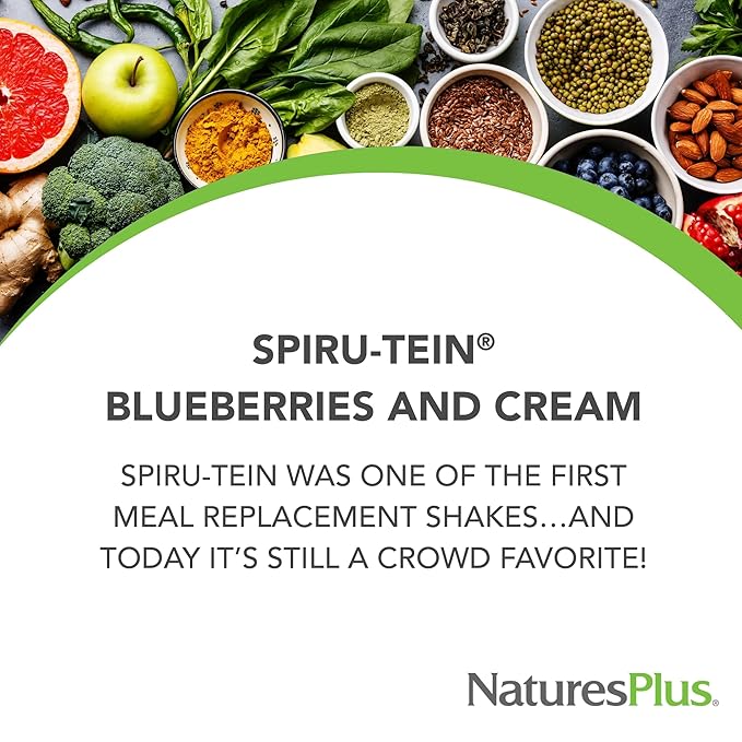 NaturesPlus SPIRU-TEIN Blueberries &amp Cream - 1.12 lb - Plant-Based Protein Powder - Vitamins &amp Minerals for Energy - Vegetarian Gluten Free - 15 Servings